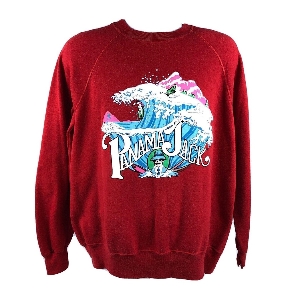 Panama Jack Vintage 80s Red Sweatshirt Size XL 50/50 Blend USA Beach Waves Surf